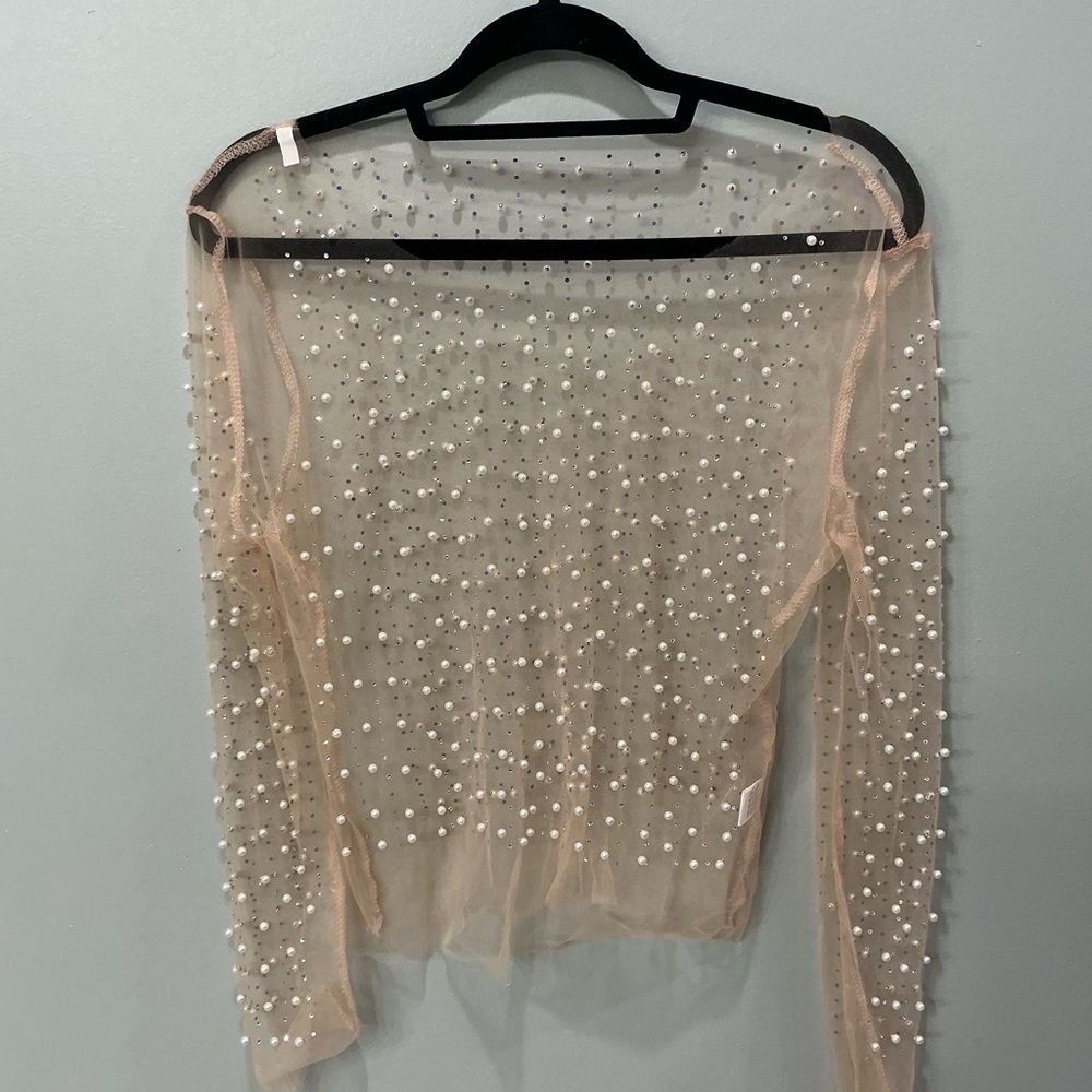 Amazon Beige Pearl Embellished Blouse
